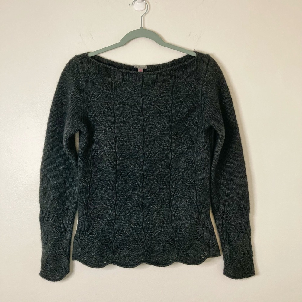 Ann Taylor Angora Lambswool Leaf Cable Knit Scallop Charcoal Gray Sweater S Cozy